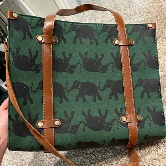 Mod Cloth Olive Green and Navy Blue Elephant Work Office Laptop Bag - Picture 4 of 5